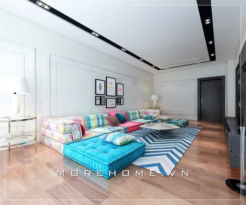 Mẫu sofa phòng khách hiện đại, thiết kế kiểu dáng chữ U bọc vải cùng họa tiết và tone màu độc đáo tạo cảm giác tươi mới cho không gian phòng nhẹ nhàng hơn