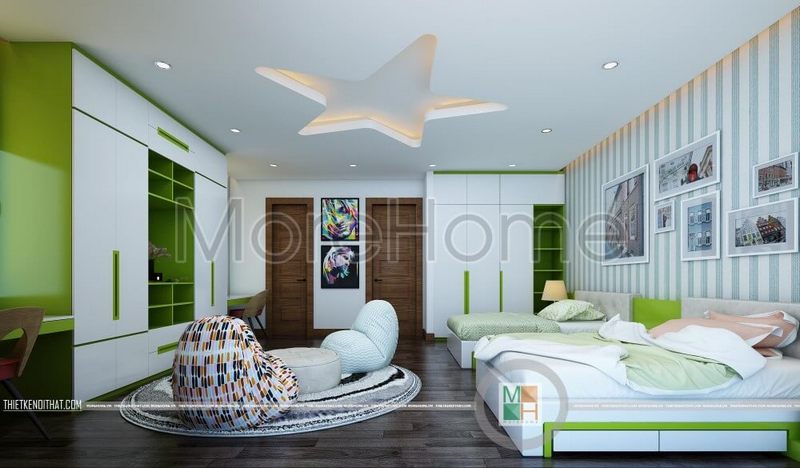 Để tạo nên sự nhẹ nhàng trong không gian phòng ngủ, sử dụng giấy dán tường kẻ sẽ giúp không gian trông rộng hơn.