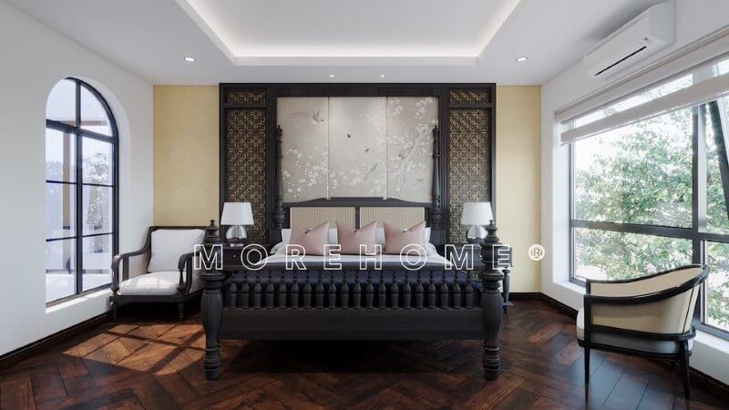 Giường ngủ cao cấp từ gỗ tự nhiên có đường nét từ chân đến thành giường tinh tế và độc đáo, góp phần tạo nên sự thu hút cho không gian phòng ngủ.